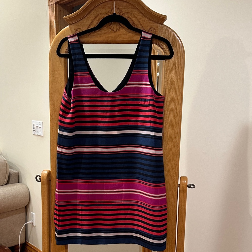 Joie Navy and Fuchsia Striped Sleeveless Shift Dress 100% Silk